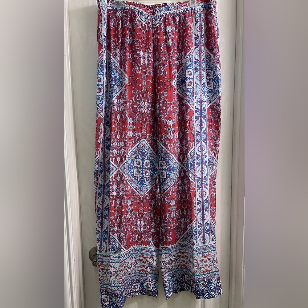 Coldwater Creek Red and Blue Patterned Pants Colorful Flowing comfortable